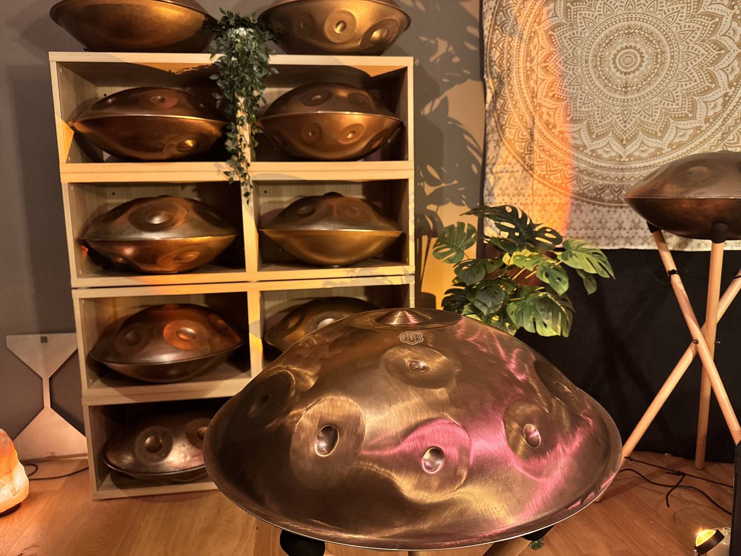 A handpan on a stand in front of the shelf